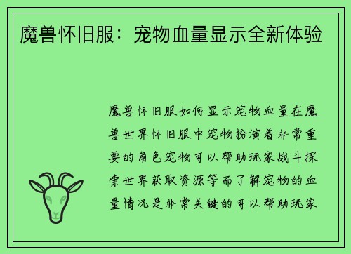 魔兽怀旧服:宠物血量显示全新体验